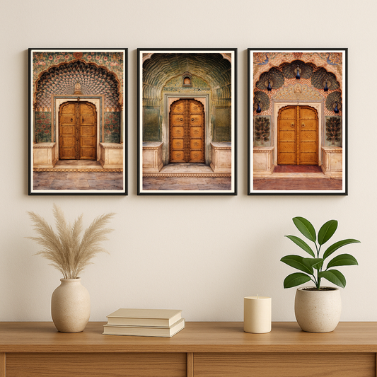 Royal Indian Palace Doors Poster Set (Set of 3) | Heritage Architecture Wall Art | Decorxhome