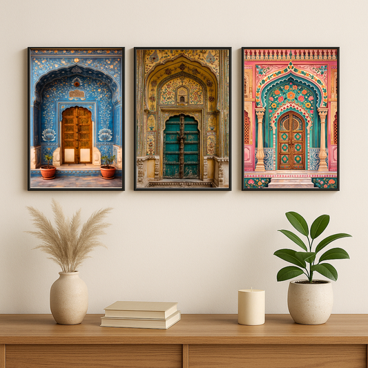 Colorful Indian Palace Doors Poster Set (Set of 3) | Royal Heritage Architecture Wall Art | Decorxhome