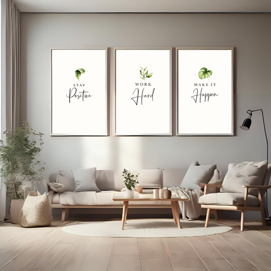 Stay Positive – Work Hard – Make It Happen Poster Set (Set of 3) | Minimalist Motivational Wall Art | Decorxhome