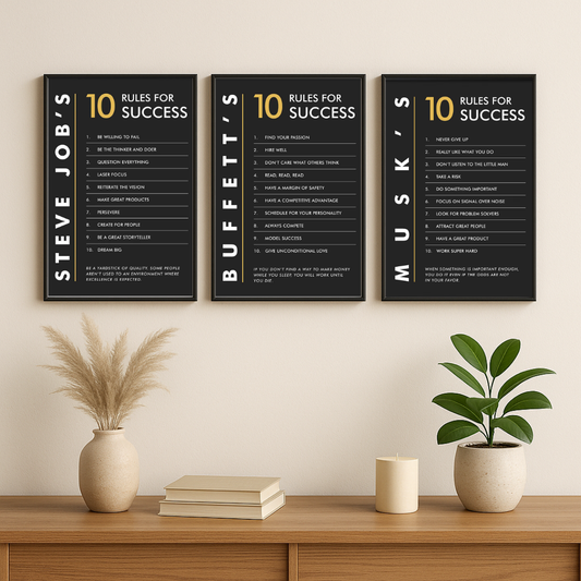 Steve Jobs • Buffett • Musk – 10 Rules for Success Poster Set (Set of 3) | Entrepreneur Motivation Wall Art | Decorxhome