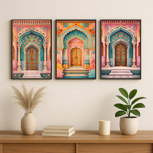 Colorful Indian Palace Door Poster Set (Set of 3) | Vibrant Rajasthani Architecture Wall Art | Decorxhome
