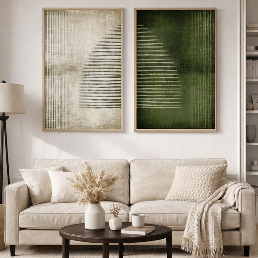 Abstract Line Texture Duo Wall Art | Green & Beige Minimal Poster Set (Set of 2) | Decorxhome