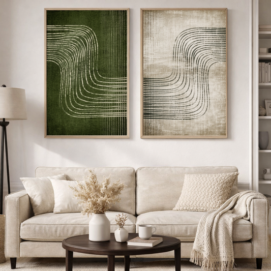 Abstract Flow Lines Wall Art Set | Green & Beige Modern Minimal Posters (Set of 2) | Decorxhome