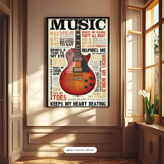 Vintage Guitar Typography Wall Poster – “Music Keeps My Heart Beating”