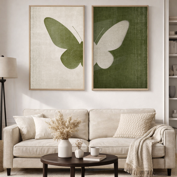 Minimal Green Butterfly Duo Wall Art Set – Modern Aesthetic Poster Collection (Set of 2) by Decorxhome