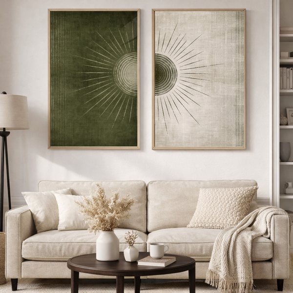 Modern Green Sunburst Wall Art Set – Minimal Abstract Duo Poster Collection (Set of 2) by Decorxhome