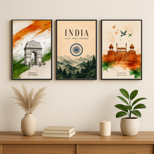 Indian Heritage Wall Art Set of 3 – India Gate, India & Red Fort | Patriotic Indian Wall Decor | Watercolor Style Poster Set | Decorxhome