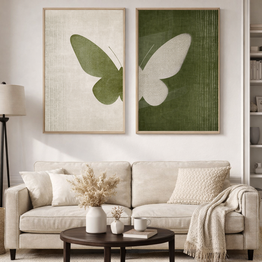 Olive Green Butterfly Wall Art Set of 2 | Minimalist Botanical Framed Posters | Modern Home Decor