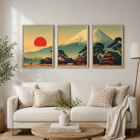 Japanese Mountain Village Sunset – Set of 3 Framed Posters