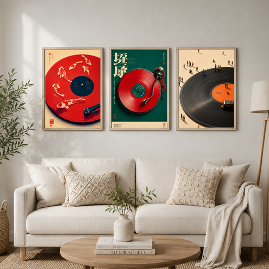 Vintage Vinyl Record Wall Art Set of 3 | Japanese-Inspired Music & Retro Framed Prints