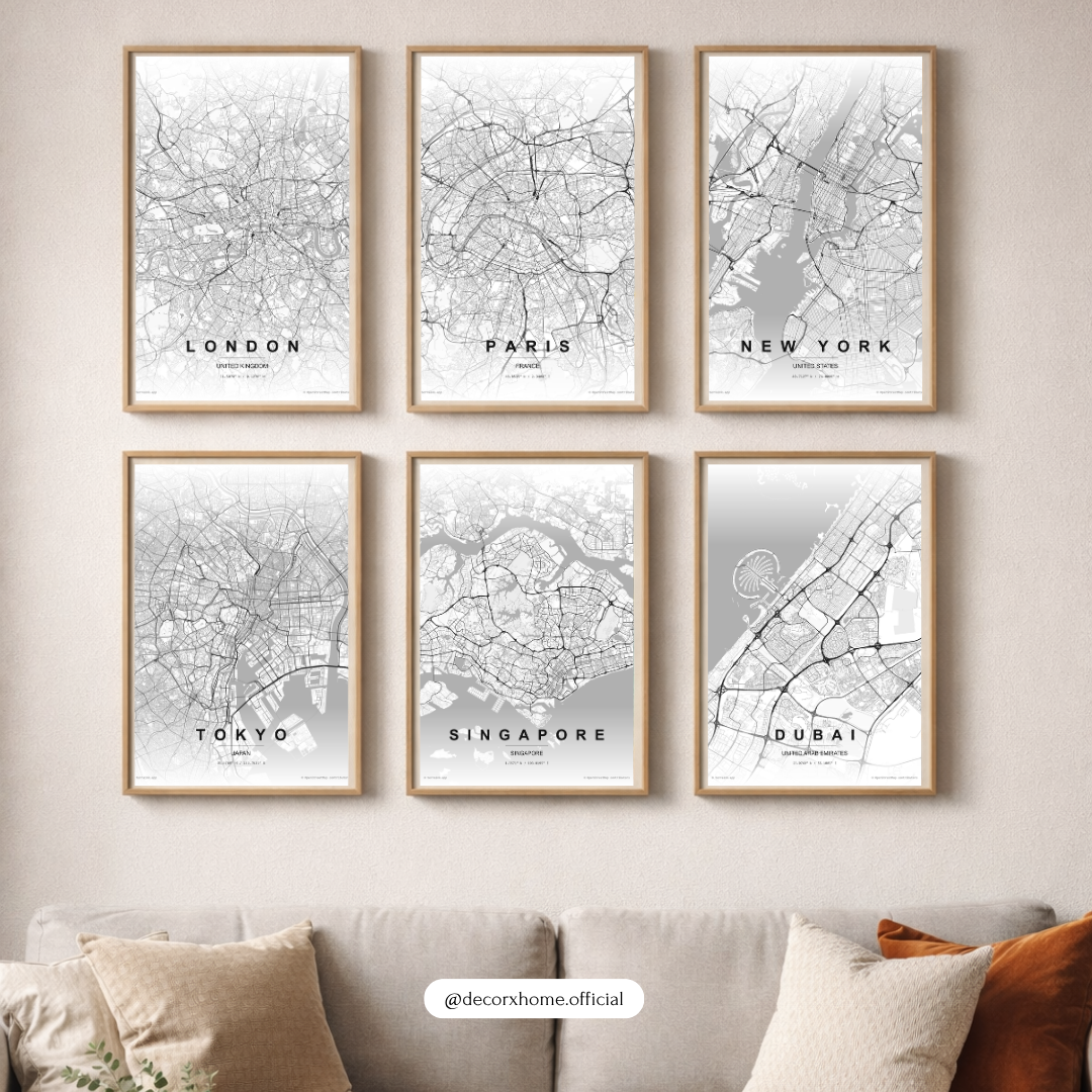 World Cities Blueprint Map Poster Set | London Paris New York Tokyo Singapore Dubai Wall Art | Modern City Map Prints | Decorxhome