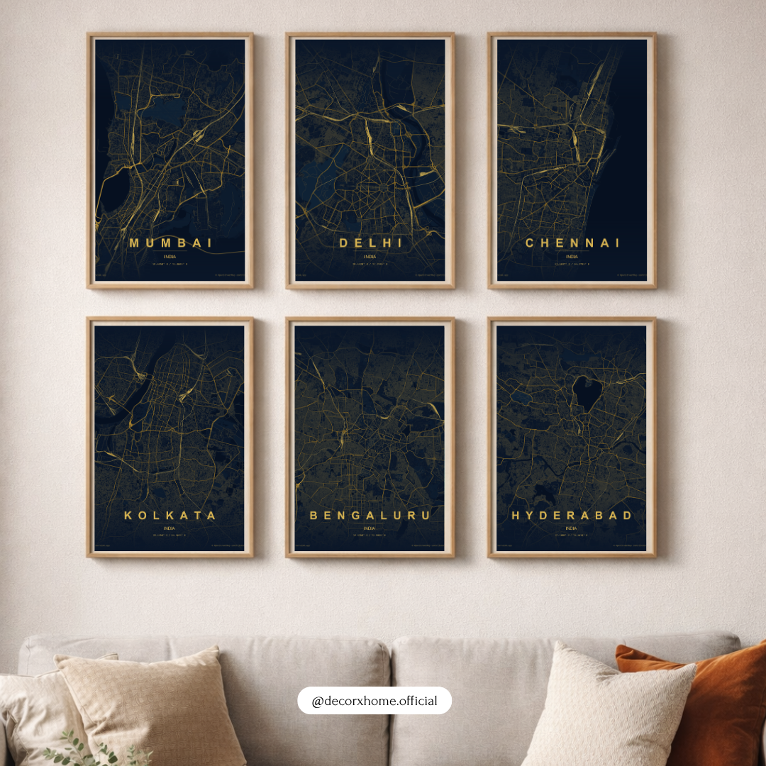 Indian Cities Blueprint Map Poster Set | Mumbai Delhi Chennai Kolkata Bengaluru Hyderabad Wall Art | Modern City Map Prints | Decorxhome