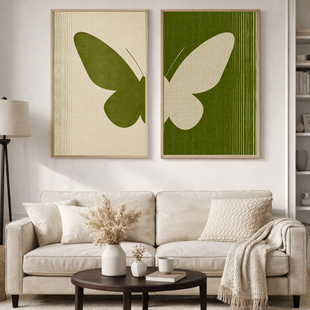 Olive Green Butterfly Wall Art Set of 2 | Minimalist Botanical Framed Posters | Modern Home Decor